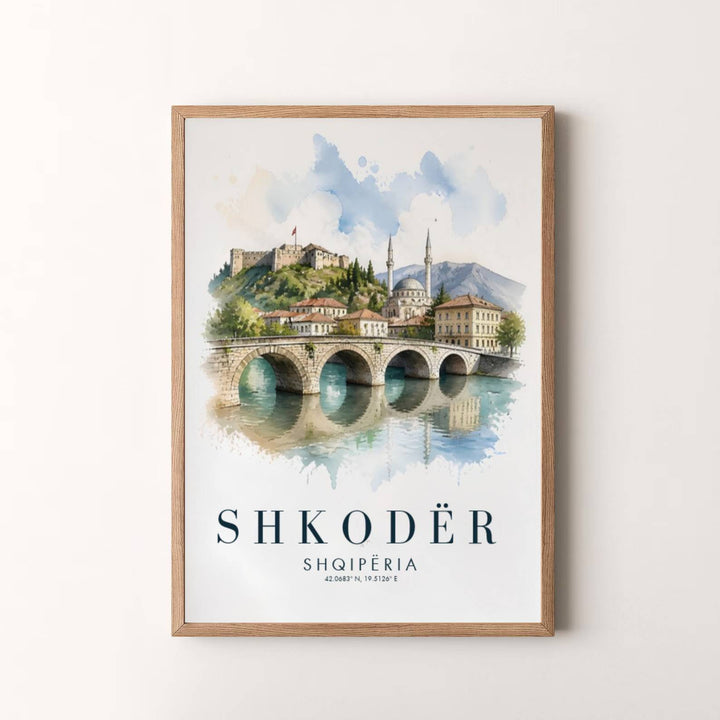 Elegant cartographic watercolor art poster featuring Shkodër Albania, designed to bring European cultural serenity and warm stone color into your space. Choose your presentation from unframed paper stock, custom wood frames, or stretched gallery canvas.
