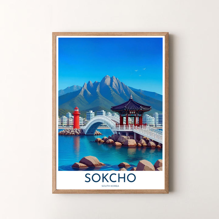 Premium coastal landscape print displaying Yeonggeumjeong Pavilion, red lighthouse, and ocean waters in Sokcho South Korea, designed by MapYourDreams in flexible configurations including unframed archival paper, metal frames, and canvas that deliver striking visual style.