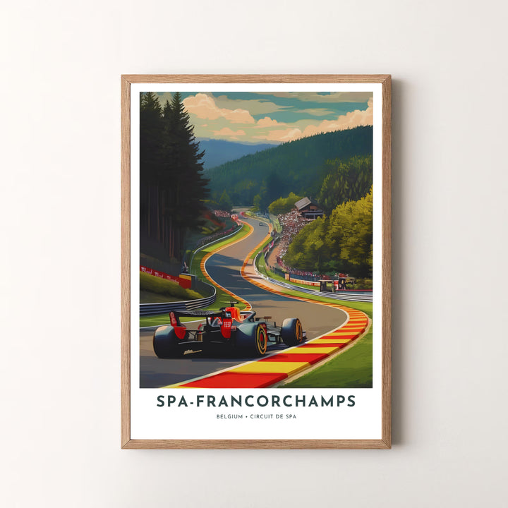 Premium quality Spa-Francorchamps F1 travel poster featuring dynamic vector illustrations of Belgium&