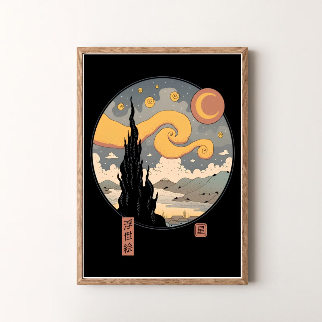 High-definition Japanese style art print of Vincent van Gogh Starry Night Ukiyo E 1889 depicting Saint-Rémy-de-Provence under a celestial swirl with Mount Fuji. Order custom framed wall art, unframed poster prints, and stretched gallery canvas options directly at MapYourDreams for display.