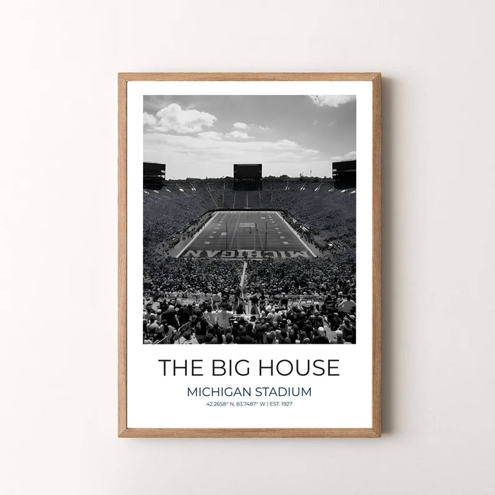 Radiant sports wall art photo print of The Big House with clean typographic styling and dramatic black and white tones. Presented by MapYourDreams, this artwork is available in flexible options including unframed paper, custom wooden frames, and gallery canvas wraps for timeless wall decor.