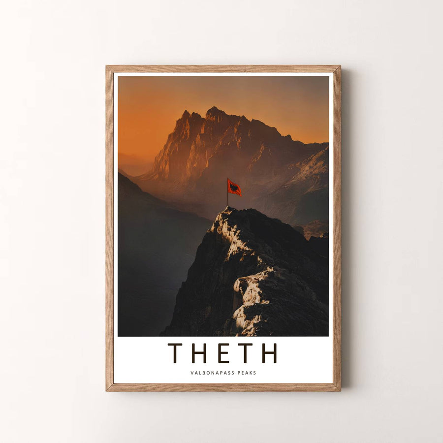 Elegant cartographic photographic art poster featuring Theth Valbona peaks, designed to bring European mountain serenity and warm sunrise color into your space. Choose your presentation from unframed paper stock, custom wood frames, or stretched gallery canvas.