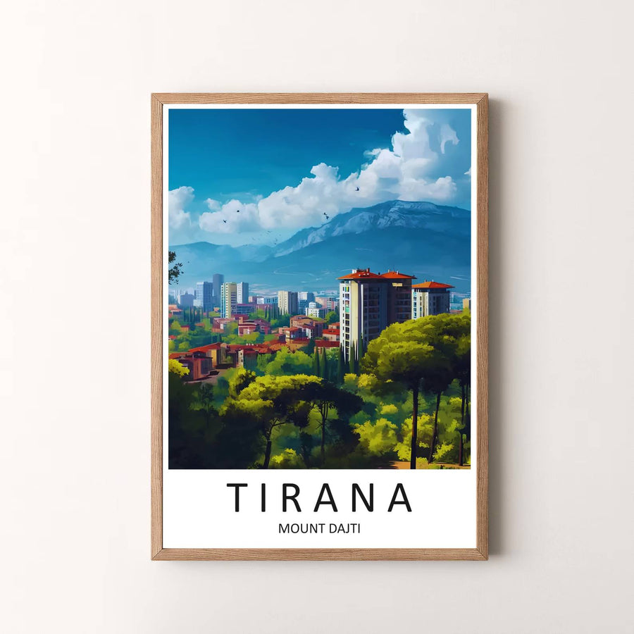 Elegant vintage travel art poster featuring Tirana Albania, designed to bring European metropolitan serenity and natural beauty into your space. Choose your presentation from unframed paper stock, custom wood frames, or stretched gallery canvas.