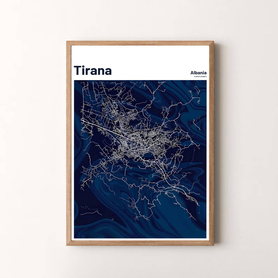 Modern luxury-style map artwork depicting Tirana, Albania, designed to bring subtle geographical elegance and color to your interior decor. Choose your presentation from unframed paper stock, custom wood frames, or stretched gallery canvas.