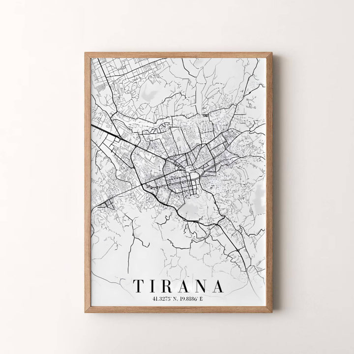 Modern Scandinavian-style map artwork depicting Tirana, Albania, designed to bring subtle geographical elegance to your interior decor. Choose your presentation from unframed paper stock, custom wood frames, or stretched gallery canvas.