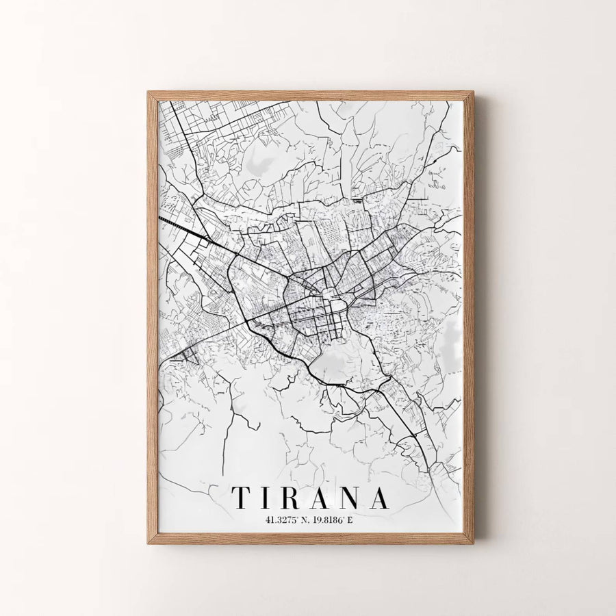Modern Scandinavian-style map artwork depicting Tirana, Albania, designed to bring subtle geographical elegance to your interior decor. Choose your presentation from unframed paper stock, custom wood frames, or stretched gallery canvas.