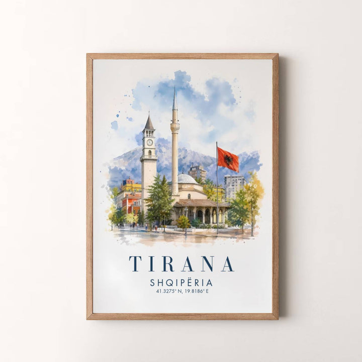 Vibrant flag colors and historic Ottoman architecture rendered in fluid watercolor define the cultural tourist capital of Tirana in central Albania. MapYourDreams produces this image in unframed paper, custom wooden frames, and stretched canvas options.