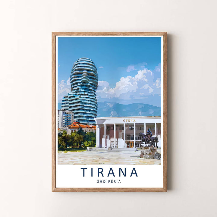 Elegant contemporary travel art poster featuring Tirana Albania, designed to bring European metropolitan serenity and architectural beauty into your space. Choose your presentation from unframed paper stock, custom wood frames, or stretched gallery canvas.