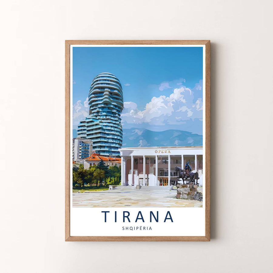 Elegant contemporary travel art poster featuring Tirana Albania, designed to bring European metropolitan serenity and architectural beauty into your space. Choose your presentation from unframed paper stock, custom wood frames, or stretched gallery canvas.