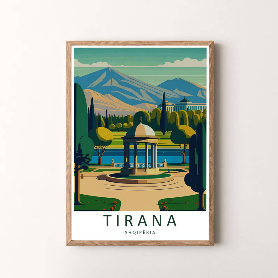 Elegant vintage travel art poster featuring Tirana Grand Park, designed to bring European natural serenity and warm color into your space. Choose your presentation from unframed paper stock, custom wood frames, or stretched gallery canvas.