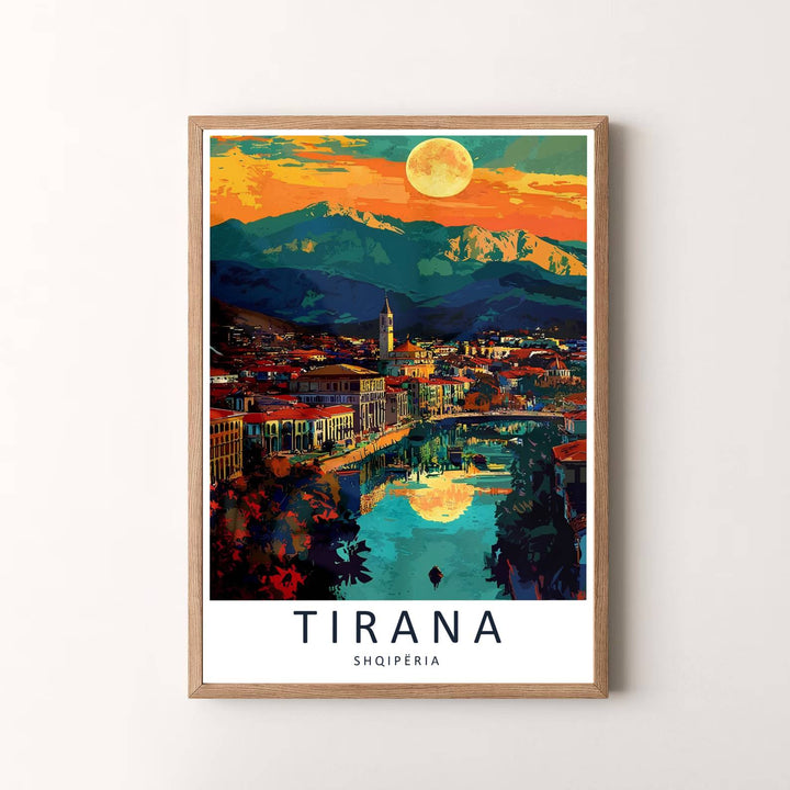 Elegant sunset travel art poster featuring Tirana Albania, designed to bring European capital romance and warm painting colors into your space. Choose your presentation from unframed paper stock, custom wood frames, or stretched gallery canvas.