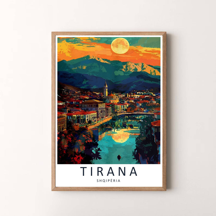 Elegant sunset travel art poster featuring Tirana Albania, designed to bring European capital romance and warm painting colors into your space. Choose your presentation from unframed paper stock, custom wood frames, or stretched gallery canvas.