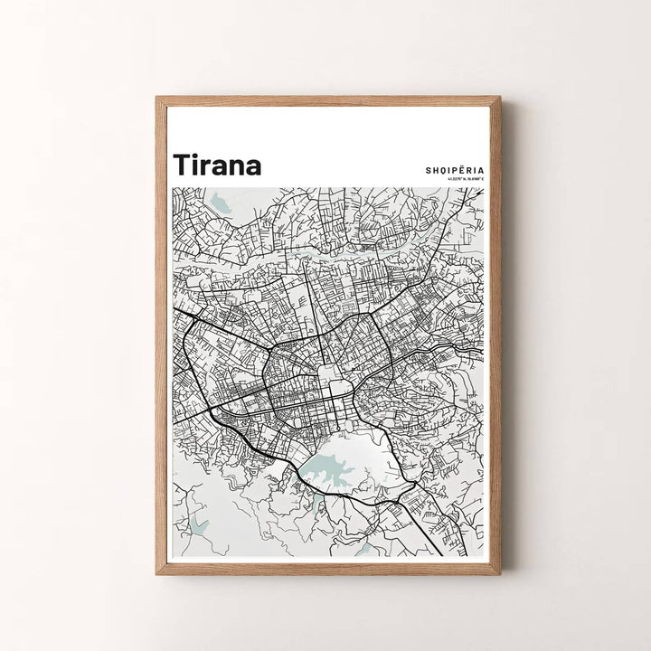 Modern Scandinavian-style map artwork depicting Tirana, Albania, designed to bring subtle geographical elegance to your interior decor. Choose your presentation from unframed paper stock, custom wood frames, or stretched gallery canvas.