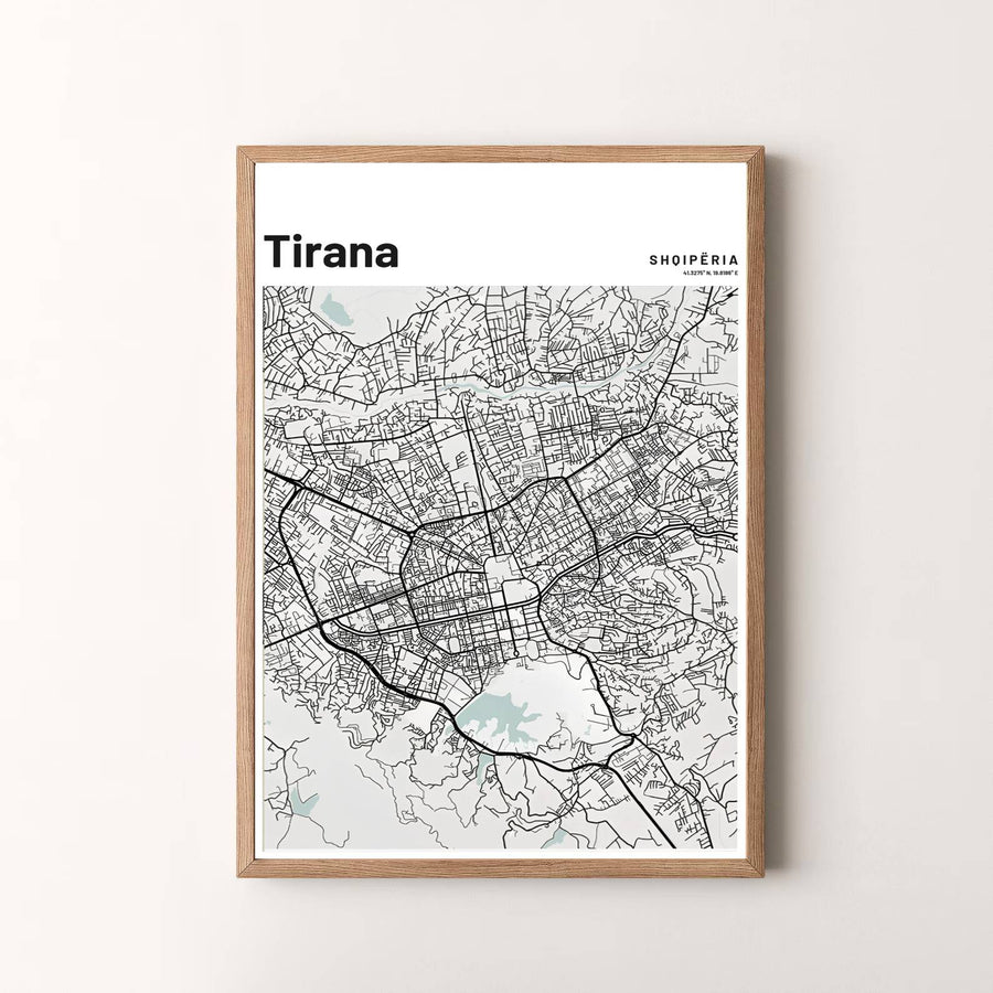Modern Scandinavian-style map artwork depicting Tirana, Albania, designed to bring subtle geographical elegance to your interior decor. Choose your presentation from unframed paper stock, custom wood frames, or stretched gallery canvas.