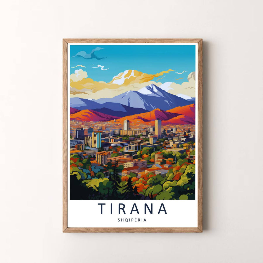 Elegant vintage travel art poster featuring Tirana Mali i Dajtit, designed to bring European metropolitan serenity and alpine beauty into your space. Choose your presentation from unframed paper stock, custom wood frames, or stretched gallery canvas.