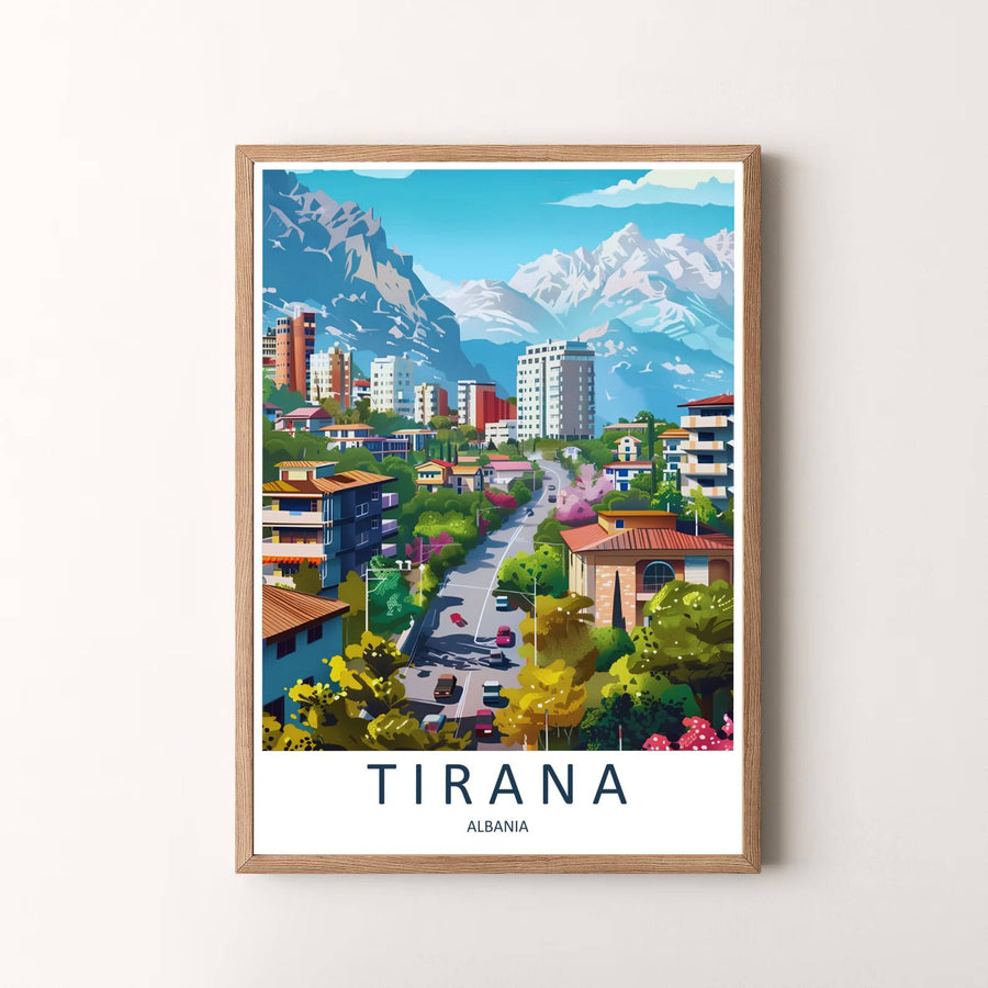 Elegant vintage travel art poster featuring Tirana mountain avenue, designed to bring European metropolitan serenity and alpine beauty into your space. Choose your presentation from unframed paper stock, custom wood frames, or stretched gallery canvas.