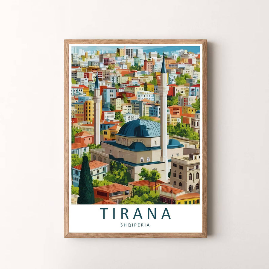 Elegant contemporary vector travel art poster featuring the Tirana Great Mosque, designed to bring European metropolitan serenity and architectural beauty into your space. Choose your presentation from unframed paper stock, custom wood frames, or stretched gallery canvas.