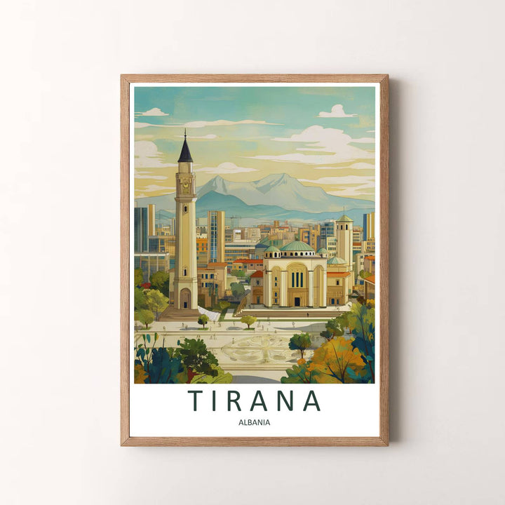 Elegant contemporary retro travel art poster featuring the Tirana Orthodox Cathedral, designed to bring European metropolitan serenity and architectural beauty into your space. Choose your presentation from unframed paper stock, custom wood frames, or stretched gallery canvas.
