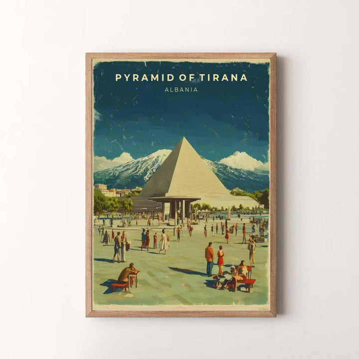 Elegant vintage travel art poster featuring the Pyramid of Tirana, designed to bring European metropolitan serenity and architectural history into your space. Choose your presentation from unframed paper stock, custom wood frames, or stretched gallery canvas.