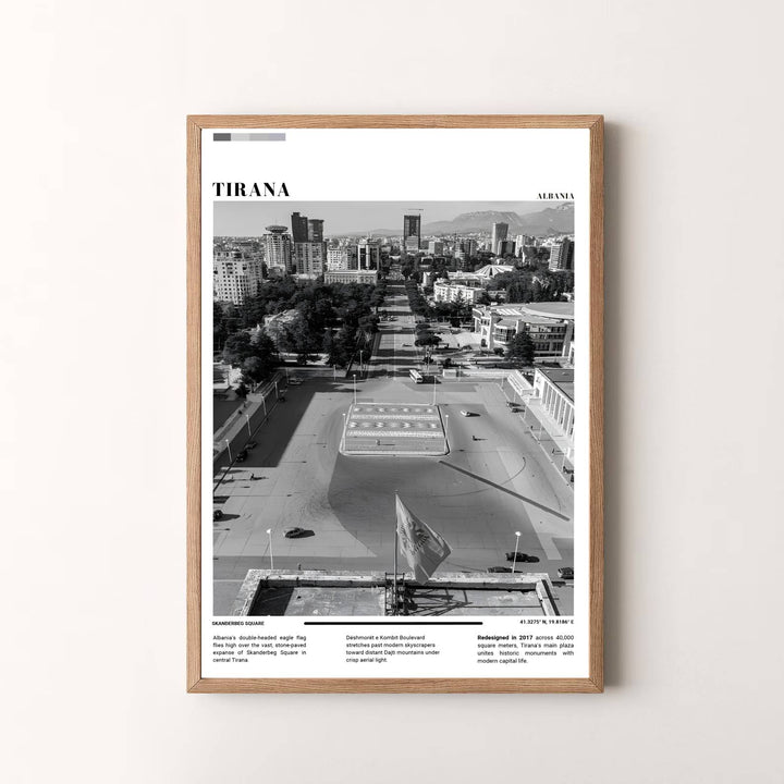 Elegant editorial photographic art poster featuring Tirana Albania captured in classic Black &amp; White photography, designed to bring European metropolitan style and monochrome contrast into your space. Choose your presentation from unframed paper stock, custom wood frames, or stretched gallery canvas.