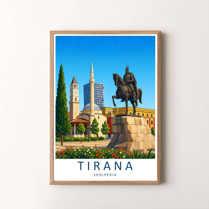 Elegant contemporary vector travel art poster featuring the Tirana Skanderbeg Monument, designed to bring European metropolitan serenity and historical beauty into your space. Choose your presentation from unframed paper stock, custom wood frames, or stretched gallery canvas.