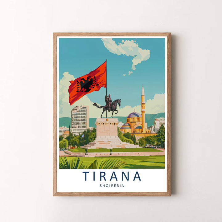 Elegant contemporary vector travel art poster featuring the Tirana Albanian flag and monument, designed to bring European metropolitan serenity and national pride into your space. Choose your presentation from unframed paper stock, custom wood frames, or stretched gallery canvas.