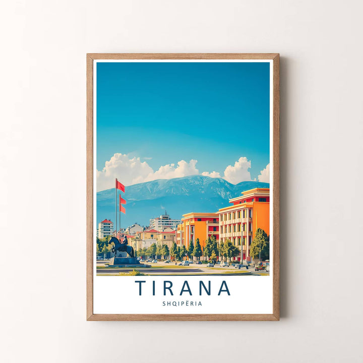 Elegant contemporary vector travel art poster featuring Tirana Skanderbeg Square and Dajti mountain, designed to bring European metropolitan serenity and natural beauty into your space. Choose your presentation from unframed paper stock, custom wood frames, or stretched gallery canvas.