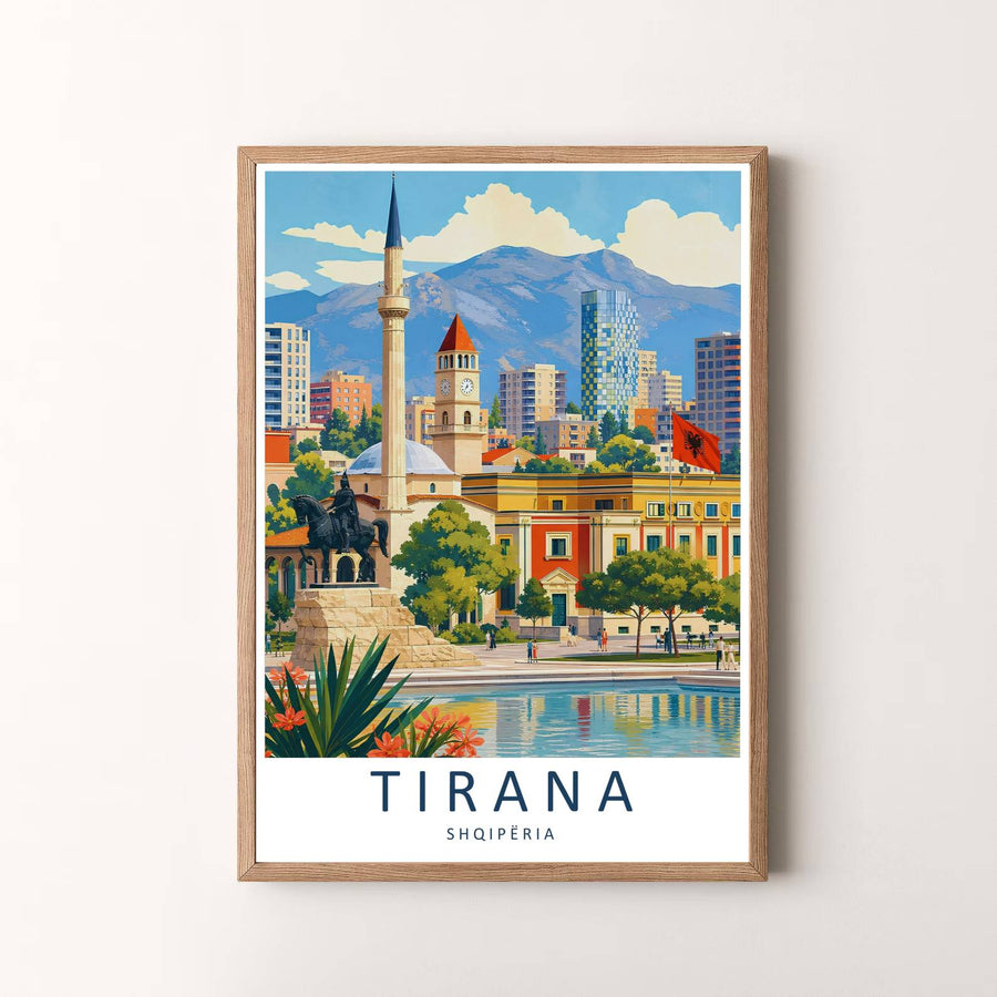Elegant vintage travel art poster featuring Tirana Skanderbeg Square, designed to bring European metropolitan serenity and historic beauty into your space. Choose your presentation from unframed paper stock, custom wood frames, or stretched gallery canvas.