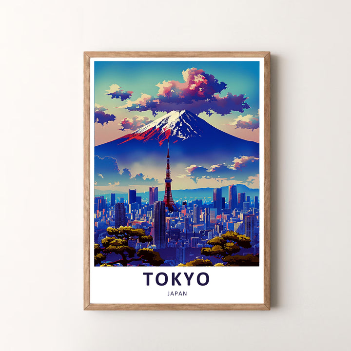 Premium travel art poster of Japan featuring Mount Fuji mountain peak and red Tokyo Tower views. Offered by MapYourDreams, this artwork is available in flexible options including unframed paper, custom wooden frames, and gallery canvas wraps.