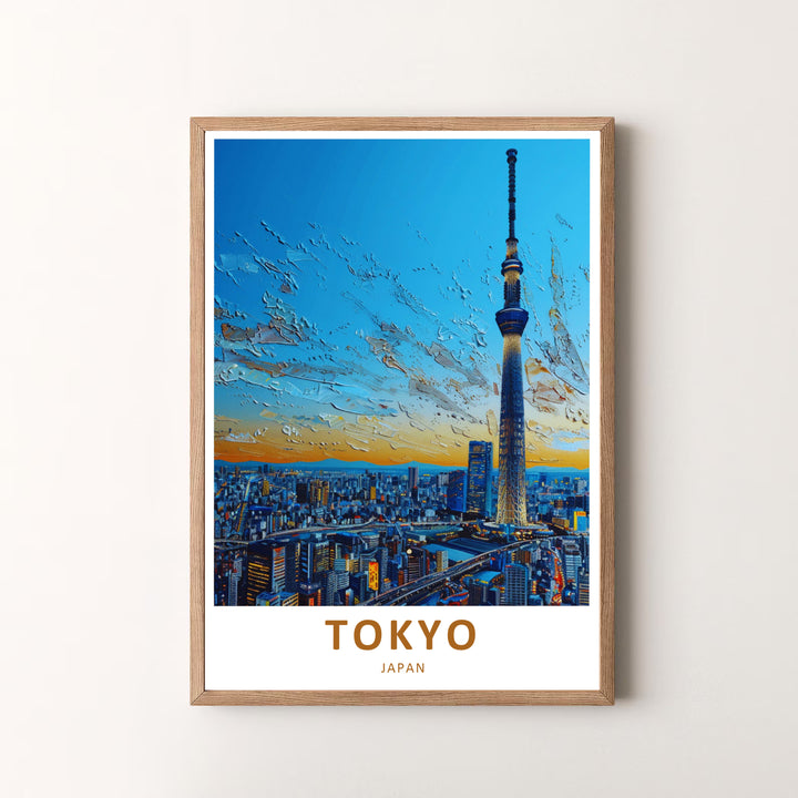Premium travel art poster of Japan featuring Tokyo Skytree tower and glowing urban skyline views. Offered by MapYourDreams, this artwork is available in flexible options including unframed paper, custom wooden frames, and gallery canvas wraps.
