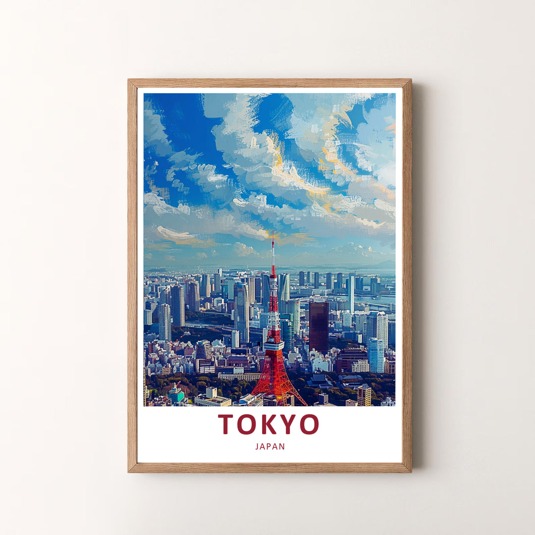 Premium travel art poster of Japan featuring crimson Tokyo Tower and glowing urban skyline views. Offered by MapYourDreams, this artwork is available in flexible options including unframed paper, custom wooden frames, and gallery canvas wraps.
