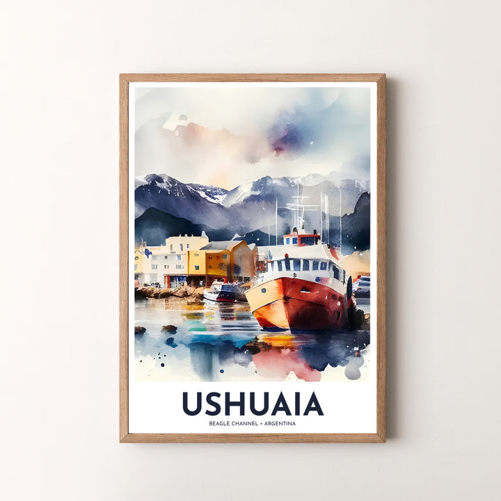Combining clean poster typography with expressive watercolor painting, this Ushuaia port wall decor brings Tierra del Fuego scenery to life, created by MapYourDreams and provided in unframed paper, custom wooden frames, and gallery canvas options.