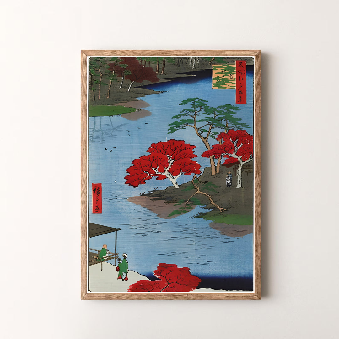 Beautiful Japanese woodblock print Akiba Shrine Ukeji by artist Utagawa Hiroshige featuring autumn foliage and water in a museum style in Akiba Shrine Ukeji. MapYourDreams offers versatile framed, unframed, and canvas print options.