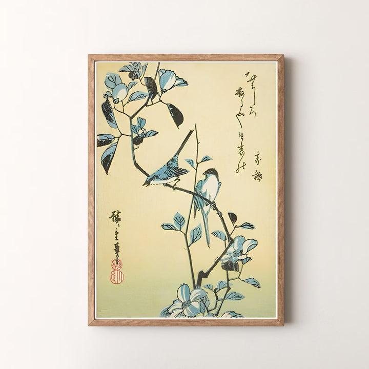 Beautiful Japanese woodblock bird print Birds Flowering Branch by artist Utagawa Hiroshige featuring blooming camellia foliage in a museum style in Edo Botanical Garden. MapYourDreams offers versatile framed, unframed, and canvas print options.