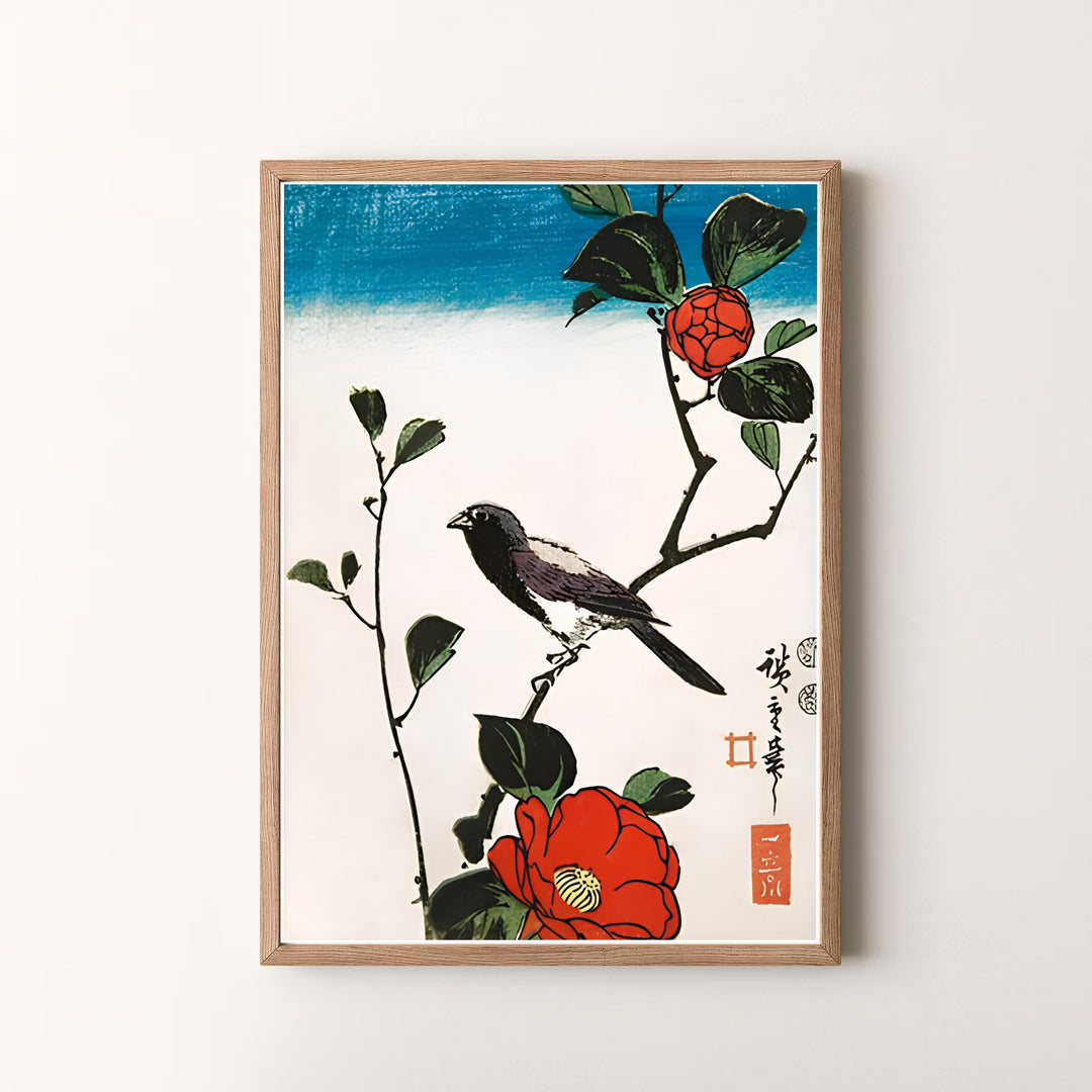 Beautiful Japanese woodblock print Java Sparrow Camellia by artist Utagawa Hiroshige featuring camellia blossoms and sparrow in a museum style in Kyoto Camellia Garden. MapYourDreams offers versatile framed, unframed, and canvas print options.