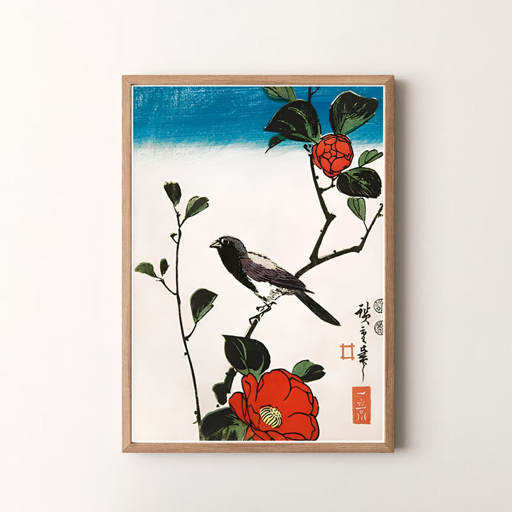 Beautiful Japanese woodblock print Java Sparrow Camellia by artist Utagawa Hiroshige featuring camellia blossoms and sparrow in a museum style in Kyoto Camellia Garden. MapYourDreams offers versatile framed, unframed, and canvas print options.