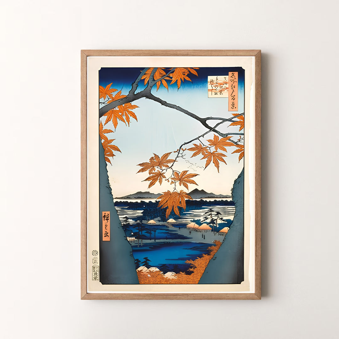 Beautiful Japanese woodblock print Maple Trees at Mama by artist Utagawa Hiroshige featuring orange maple leaves in a museum style at Maple Trees at Mama and Tekona Shrine. MapYourDreams offers versatile framed, unframed, and canvas print options.