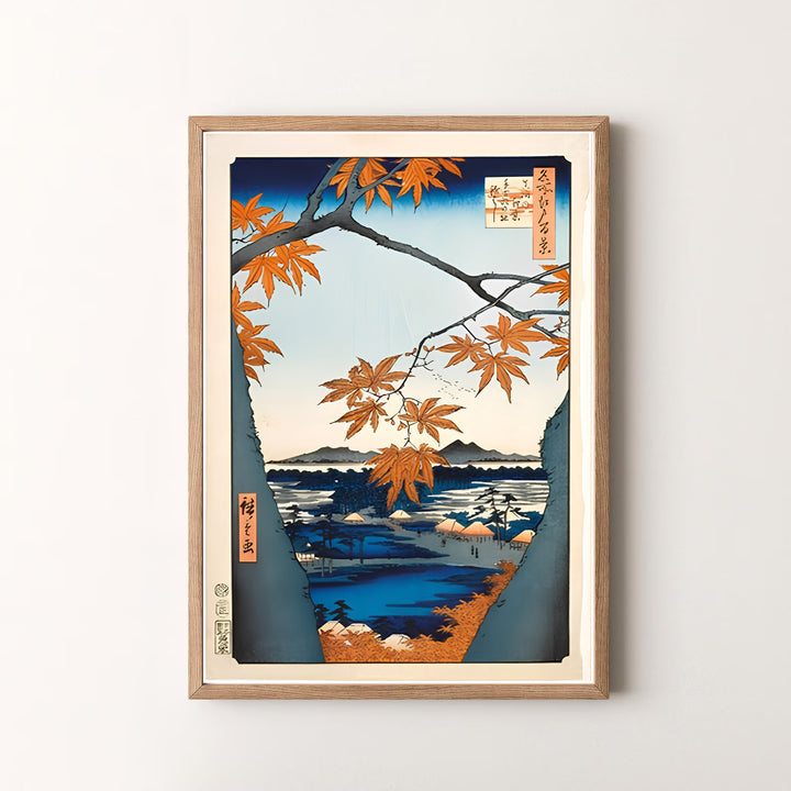Beautiful Japanese woodblock print Maple Trees at Mama by artist Utagawa Hiroshige featuring orange maple leaves in a museum style at Maple Trees at Mama and Tekona Shrine. MapYourDreams offers versatile framed, unframed, and canvas print options.