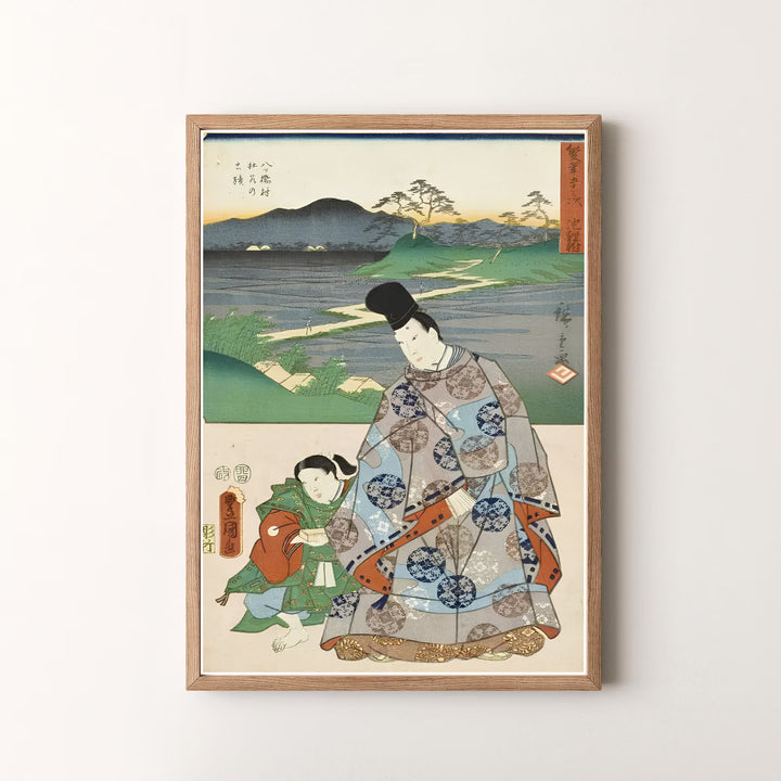 High-definition Japanese history print Chiryu Yatsuhashi artwork by artist Utagawa Kunisada and Utagawa Hiroshige referencing masterwork Tokaido collections at Chiryu Post Station and Yatsuhashi Bridge. Order custom framed, unframed, and canvas print options at MapYourDreams.