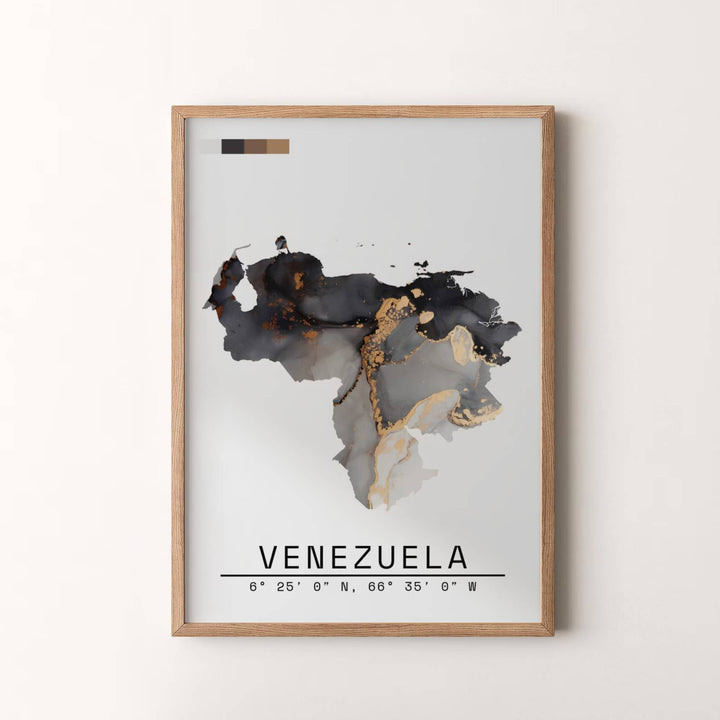 Modern fluid art travel artwork featuring an expressive charcoal and metallic gold map silhouette of Venezuela. Available in the MapYourDreams studio, this geographic print is offered as unframed archival paper, framed wall art, or gallery canvas wraps.