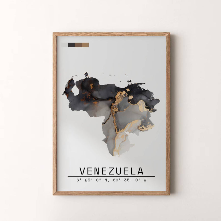 Modern fluid art travel artwork featuring an expressive charcoal and metallic gold map silhouette of Venezuela. Available in the MapYourDreams studio, this geographic print is offered as unframed archival paper, framed wall art, or gallery canvas wraps.