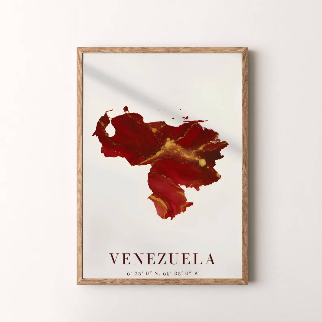 Modern fluid art travel artwork featuring an expressive crimson red and metallic gold map silhouette of Venezuela. Available in the MapYourDreams studio, this geographic print is offered as unframed archival paper, framed wall art, or gallery canvas wraps.