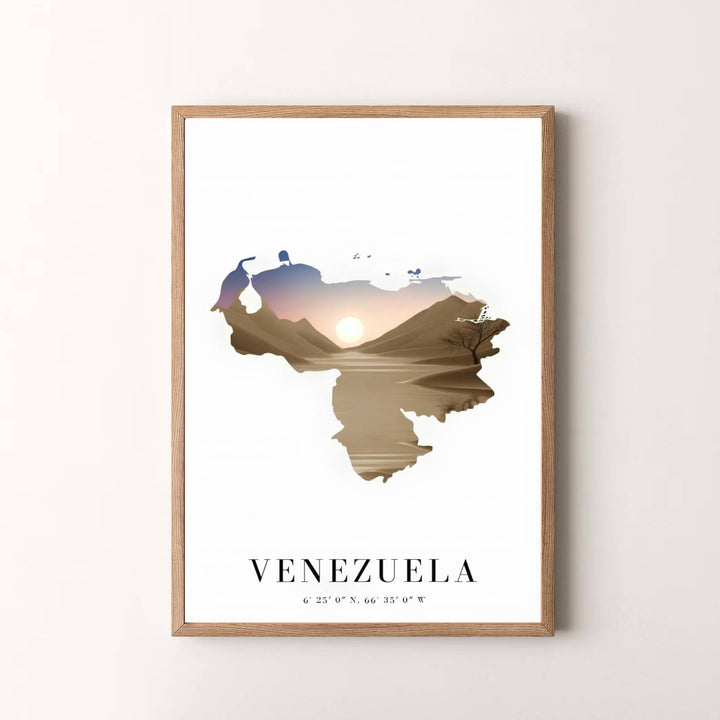 Modern graphic travel artwork featuring a double-exposure desert landscape view of Venezuela. Available in the MapYourDreams studio, this geographic print is offered as unframed archival paper, framed wall art, or gallery canvas wraps.