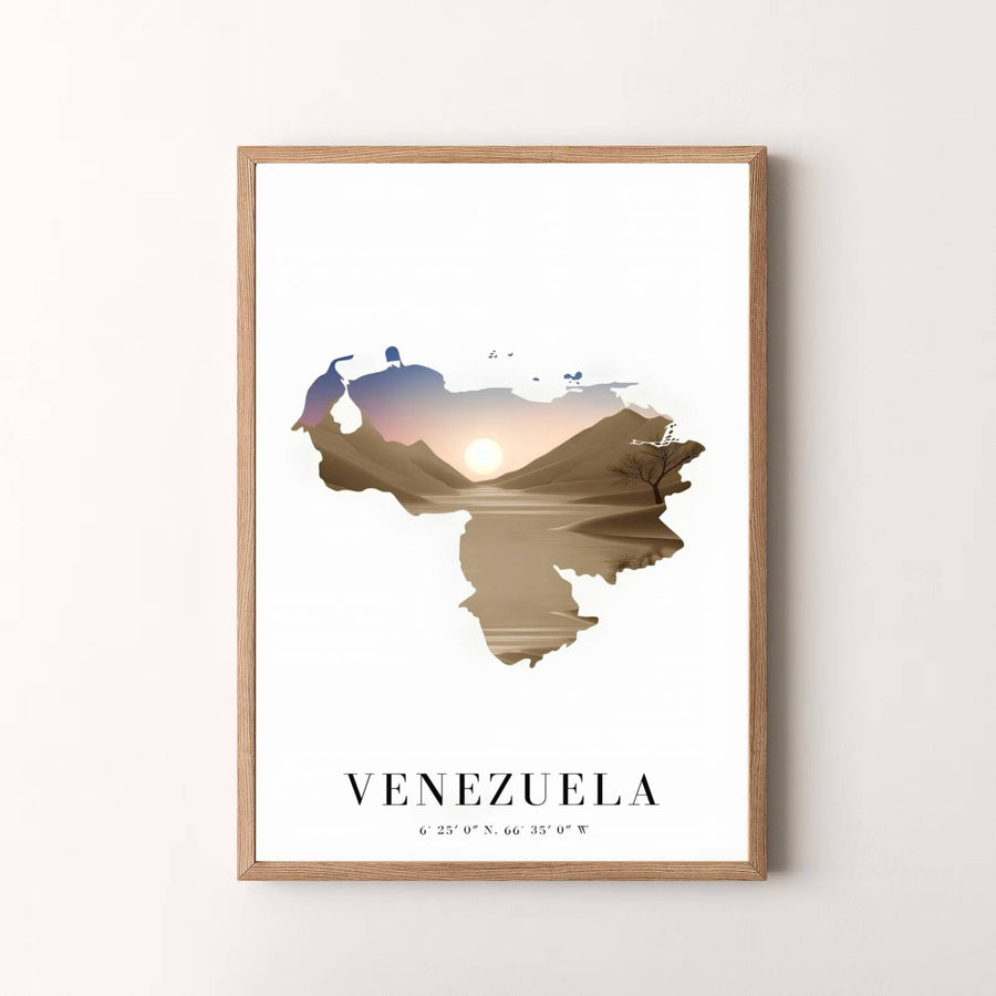 Modern graphic travel artwork featuring a double-exposure desert landscape view of Venezuela. Available in the MapYourDreams studio, this geographic print is offered as unframed archival paper, framed wall art, or gallery canvas wraps.