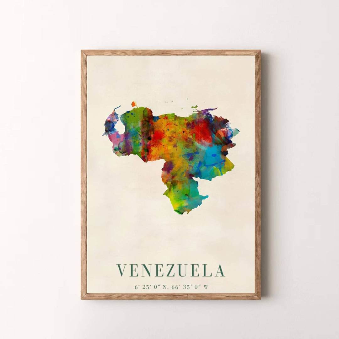 Modern watercolor travel artwork featuring an expressive paint splatter map silhouette of Venezuela. Available in the MapYourDreams studio, this geographic print is offered as unframed archival paper, framed wall art, or gallery canvas wraps.