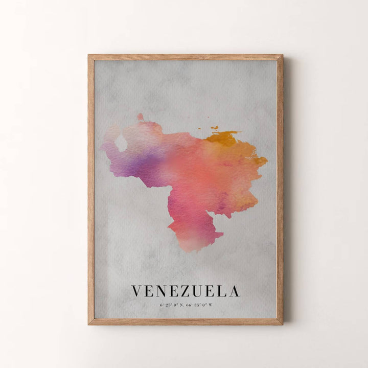 Modern watercolor travel artwork featuring a soft sunset country map silhouette of Venezuela. Available in the MapYourDreams studio, this geographic print is offered as unframed archival paper, framed wall art, or gallery canvas wraps.