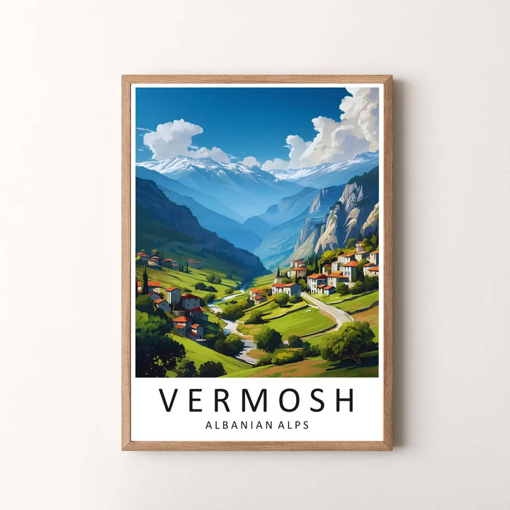 Elegant contemporary vector travel art poster featuring the Kelmend alpine valley of Vermosh, designed to bring European highland serenity and natural beauty into your space. Choose your presentation from unframed paper stock, custom wood frames, or stretched gallery canvas.