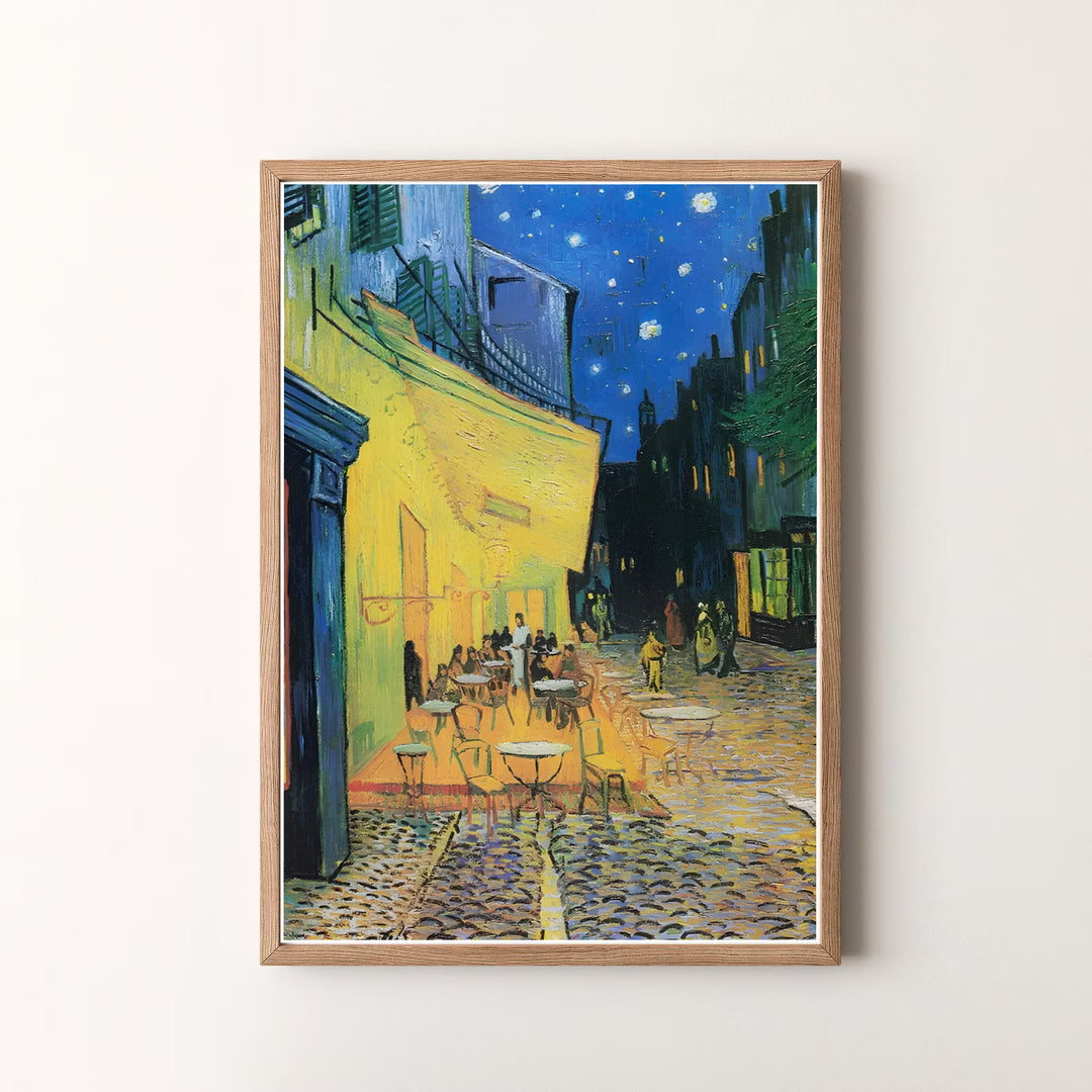 Decorative art history print of Vincent van Gogh Cafe Terrace at Night 1888 capturing the 1888 masterwork along Place du Forum in Arles France. MapYourDreams offers versatile framed prints, unframed paper wall decor, and gallery canvas print choices for home art enthusiasts.
