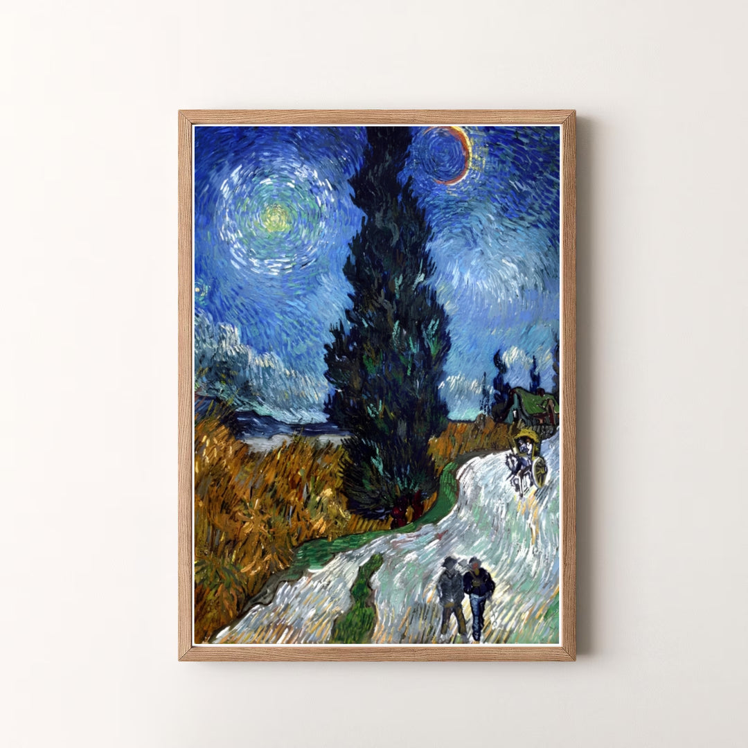 Decorative art history print of Vincent van Gogh Country Road in Provence by Night 1890 capturing the 1890 masterwork in Saint-Rémy-de-Provence France. MapYourDreams offers versatile framed prints, unframed paper wall decor, and gallery canvas print choices for home art lovers.