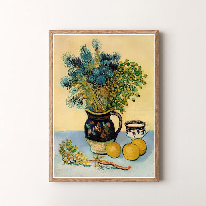 Decorative art history print of Vincent van Gogh Majolica Jar Wildflowers 1888 capturing an Arles France spring floral arrangement. MapYourDreams offers versatile framed prints, unframed paper wall decor, and gallery canvas print choices for home art enthusiasts.
